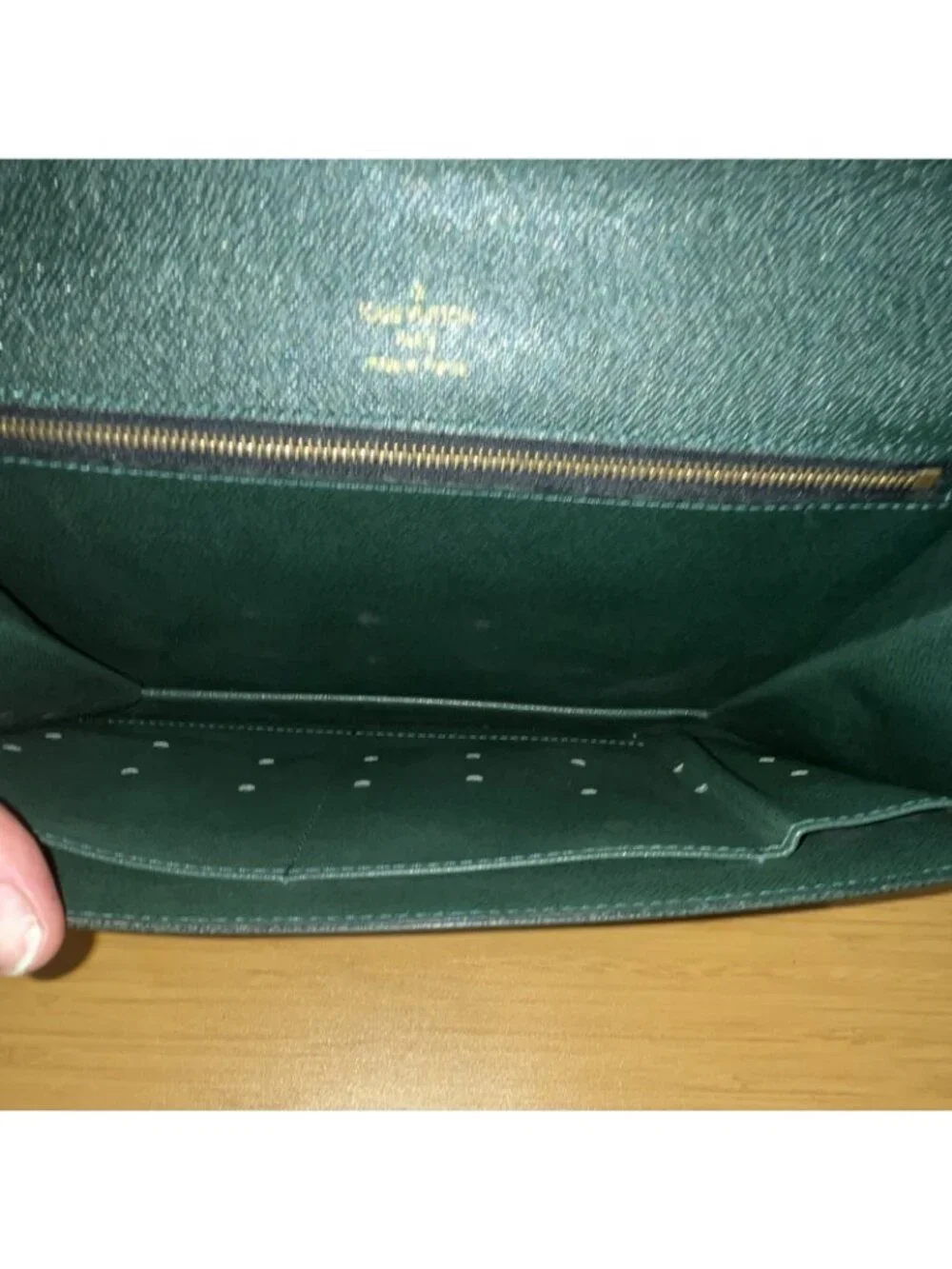 Louis Vuitton Green Clutch Push Lock Wrist strap Business Inner Pockets